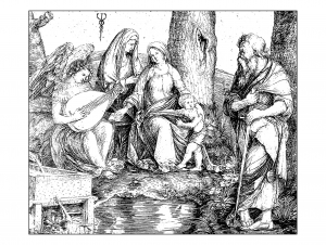 coloriage-pour-adulte-difficile-gravure-jacopo-de-barbari-sainte-conversation-vers-1509-gratuit-a-imprimer