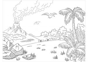 Diplodocus and Velociraptor, fuyant un volcan en éruption