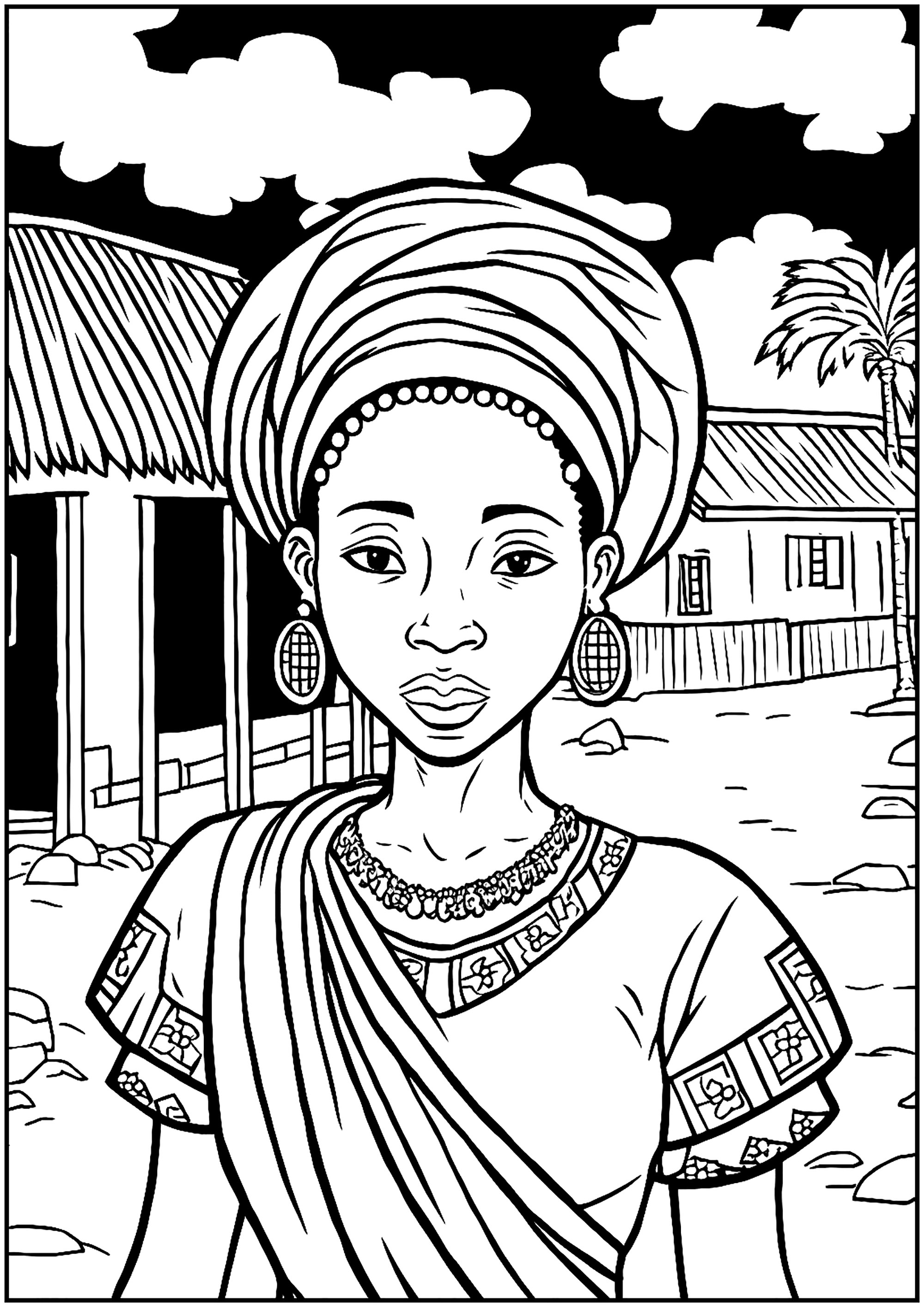 Joli coloriage d'une femme dans son village d'Afrique