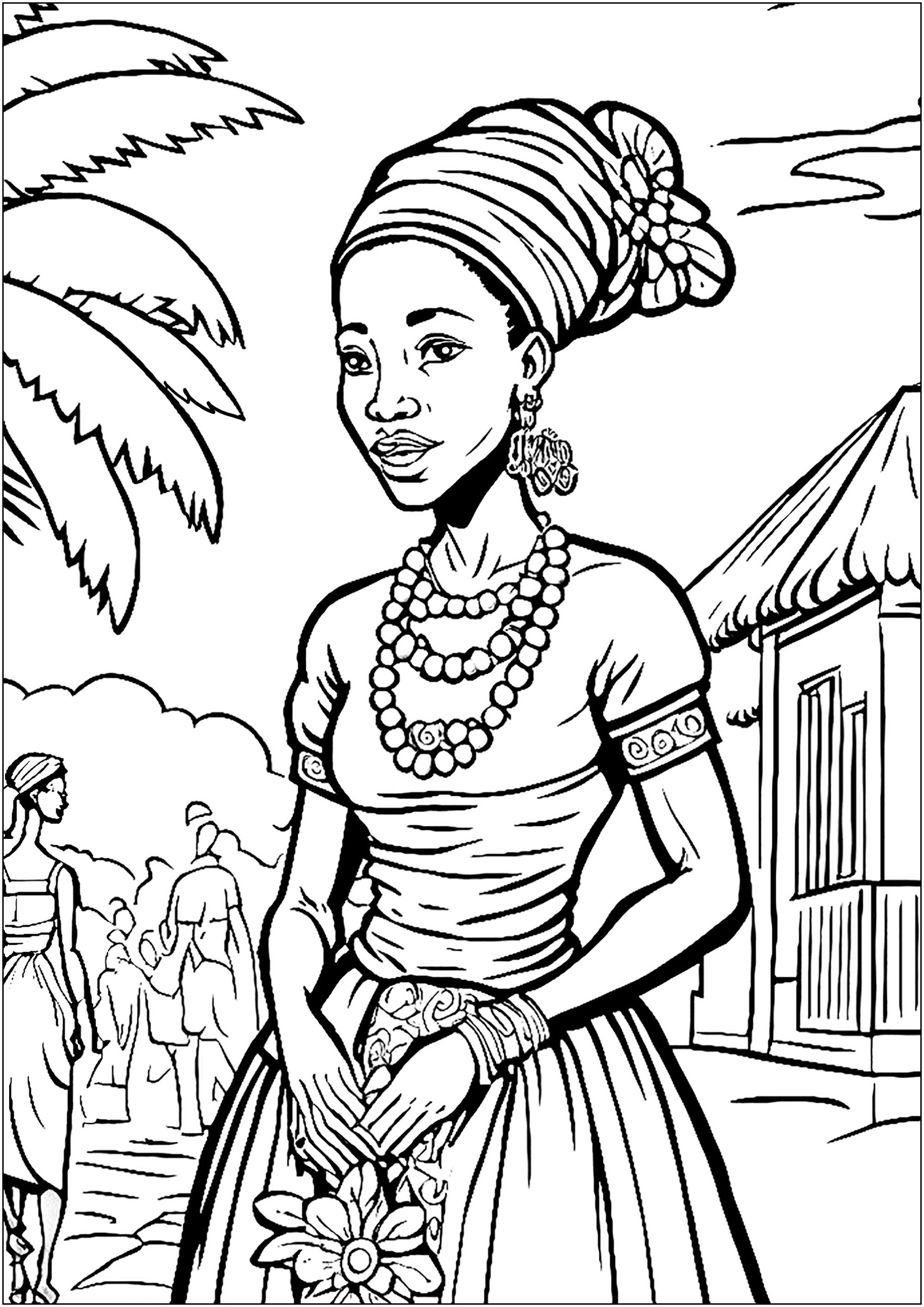 Femme africaine en vêtements typiques, dans un beau village