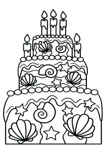 Coloriage d'un gâteau d'anniversaire avec motifs marins