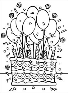 Gâteau d'anniversaire et nombreux ballons