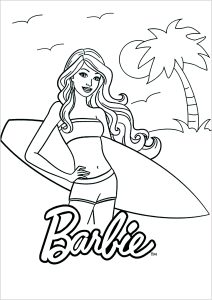 Barbie prêt à surfer sur une jolie plage