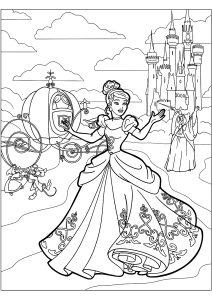 Joli coloriage de Cendrillon, avec le château du Prince en arrière plan et la fée marraine