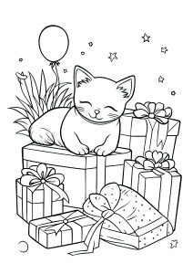 Un chat et de nombreux cadeaux emballés