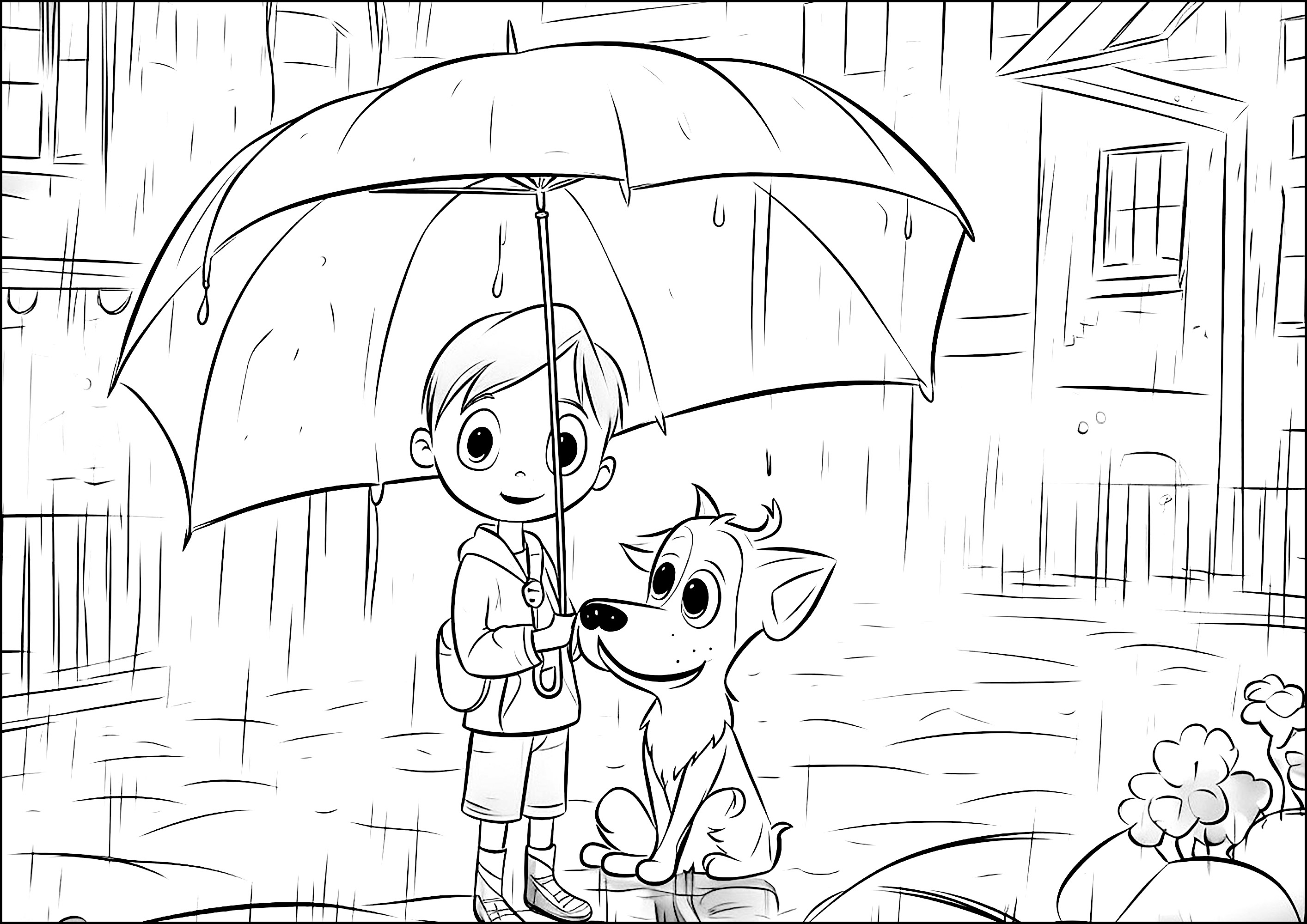 Enfant et chien sous la pluie, avec un grand parapluie - Coloriages de