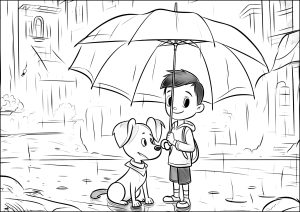 Garçon et son chien sous la pluie