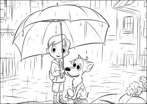 Enfant et chien sous la pluie, avec un grand parapluie