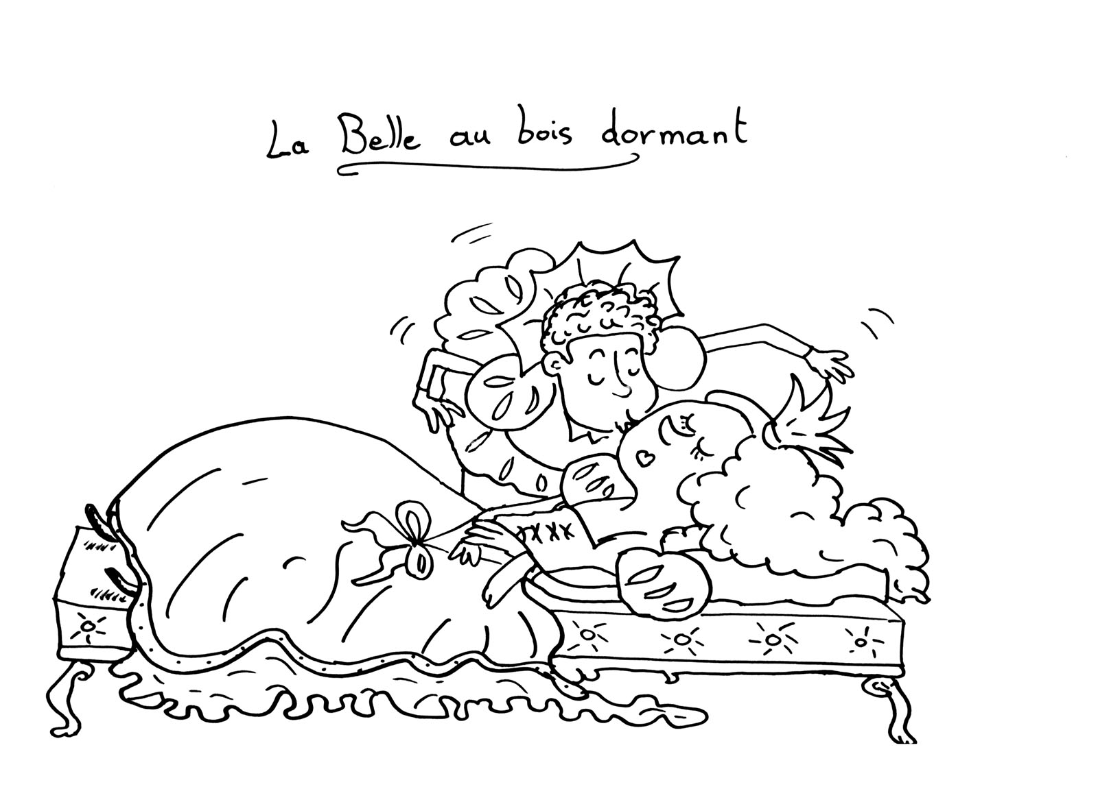 Coloriage original de La Belle au bois dormant : le bisou du Prince charmant !