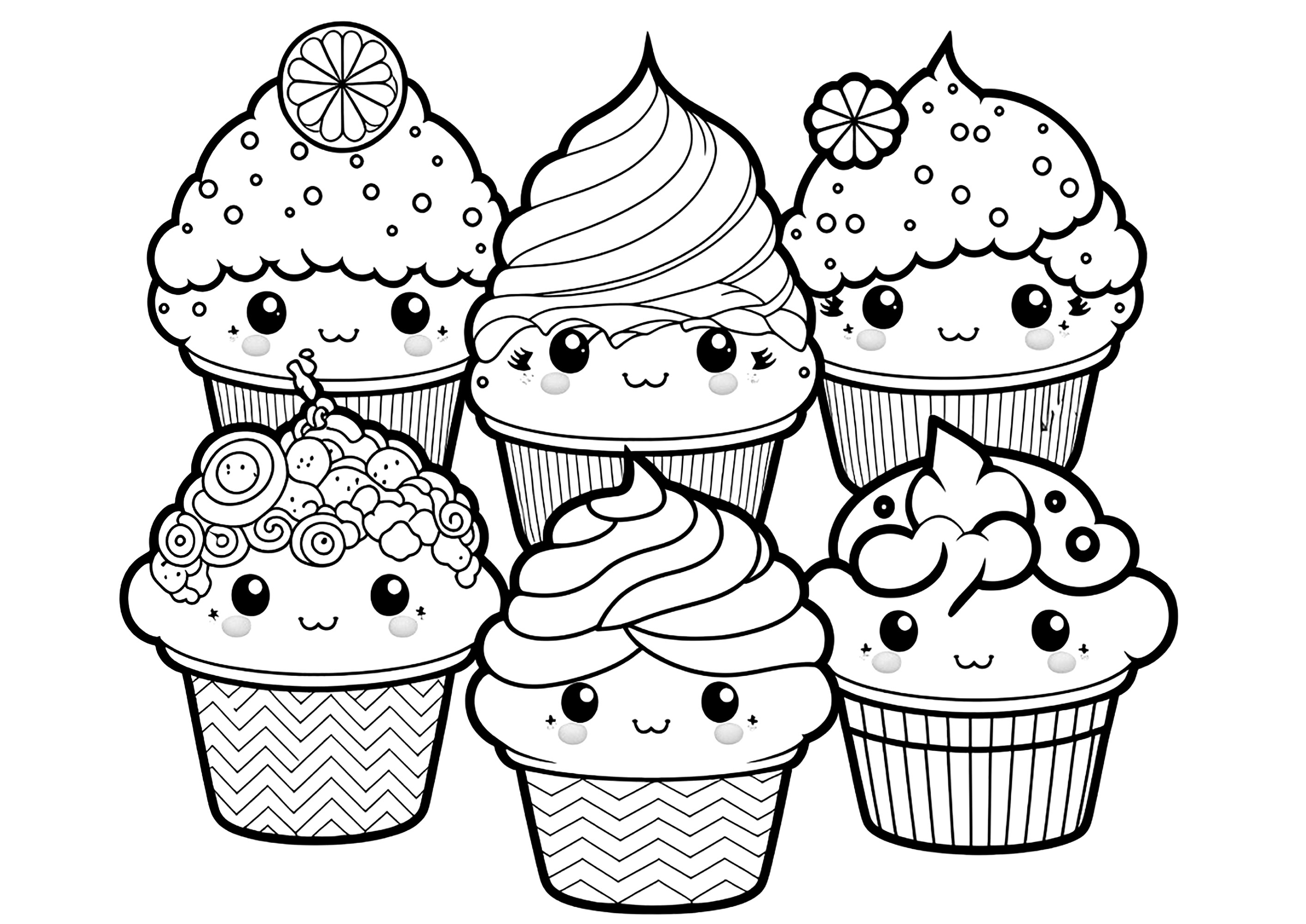Six cupcakes, simples à colorier, dessinés avec le style Kawaii