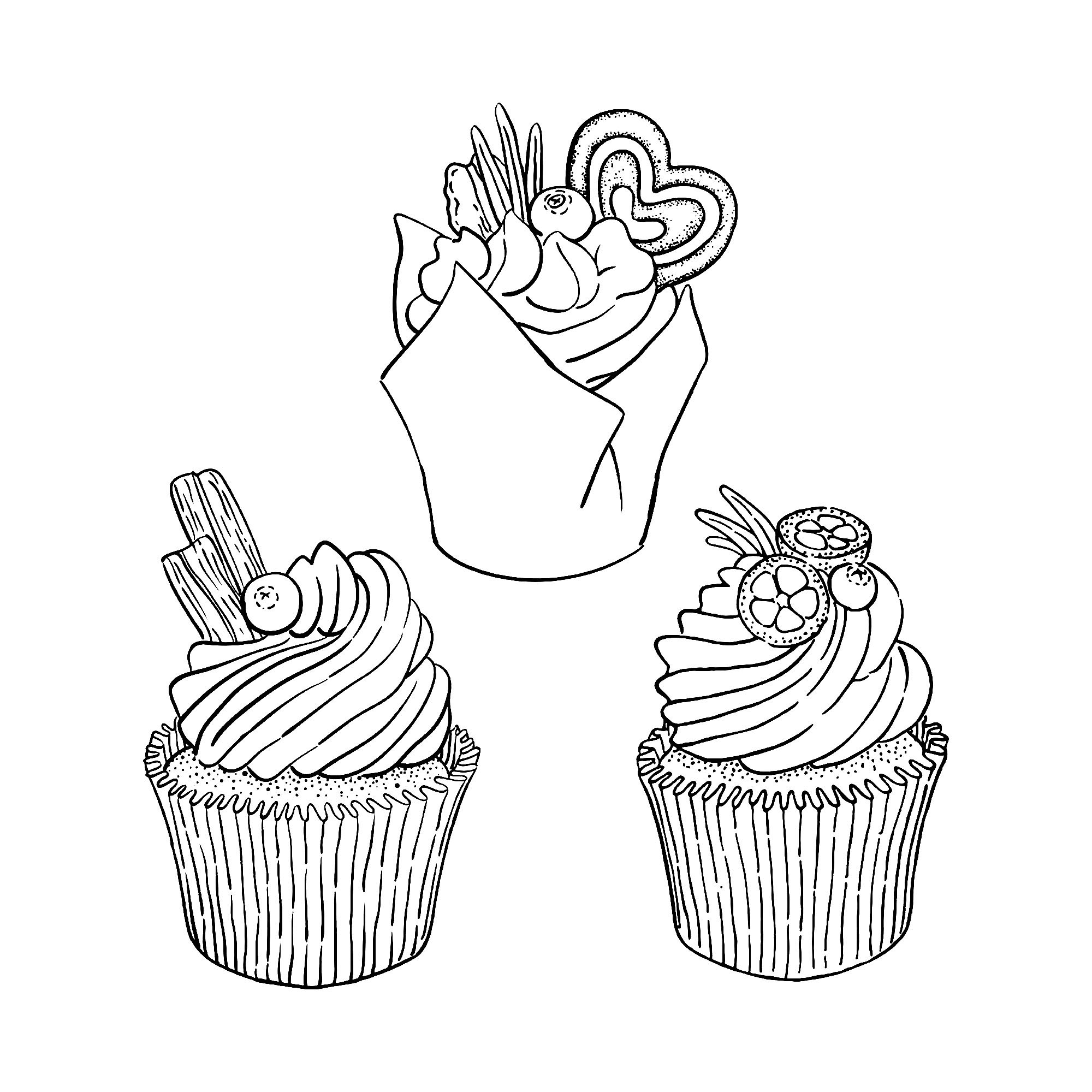 trois cupcakes simples  coloriage cupcakes et gateaux