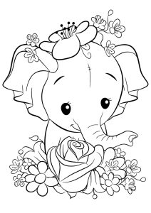 Jeune éléphant, jolie rose et fleurs
