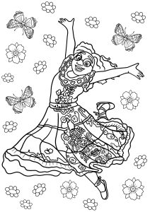 Coloriage d'Encanto : Mirabel sautant au milieu de fleurs et de papillons