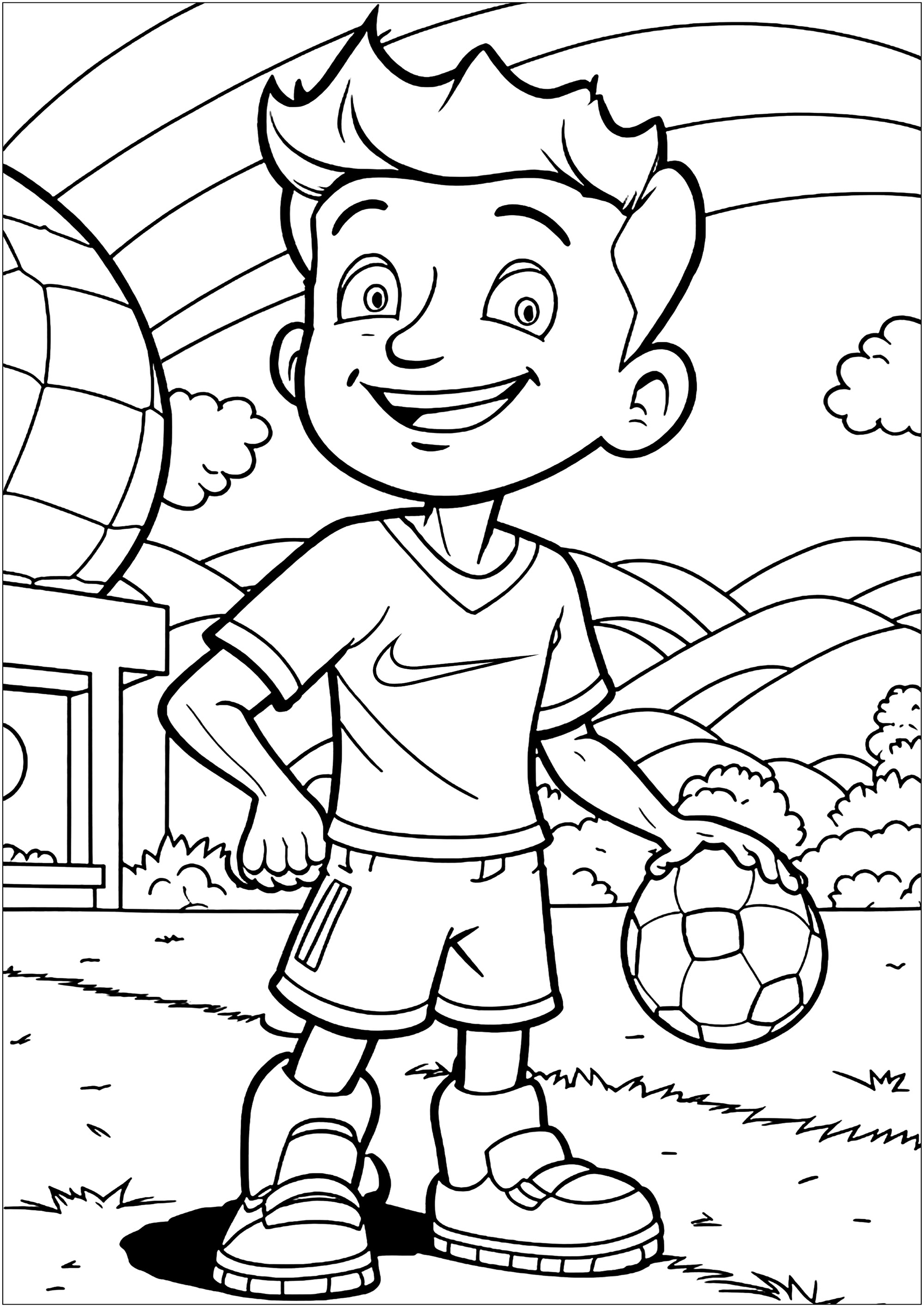 Coloriage d'un jeune footballer sur son terrain. Les petits artistes pourront s'amuser à choisir des couleurs pour le maillot du footballeur, le beau logo Nike, le ballon et le terrain.
