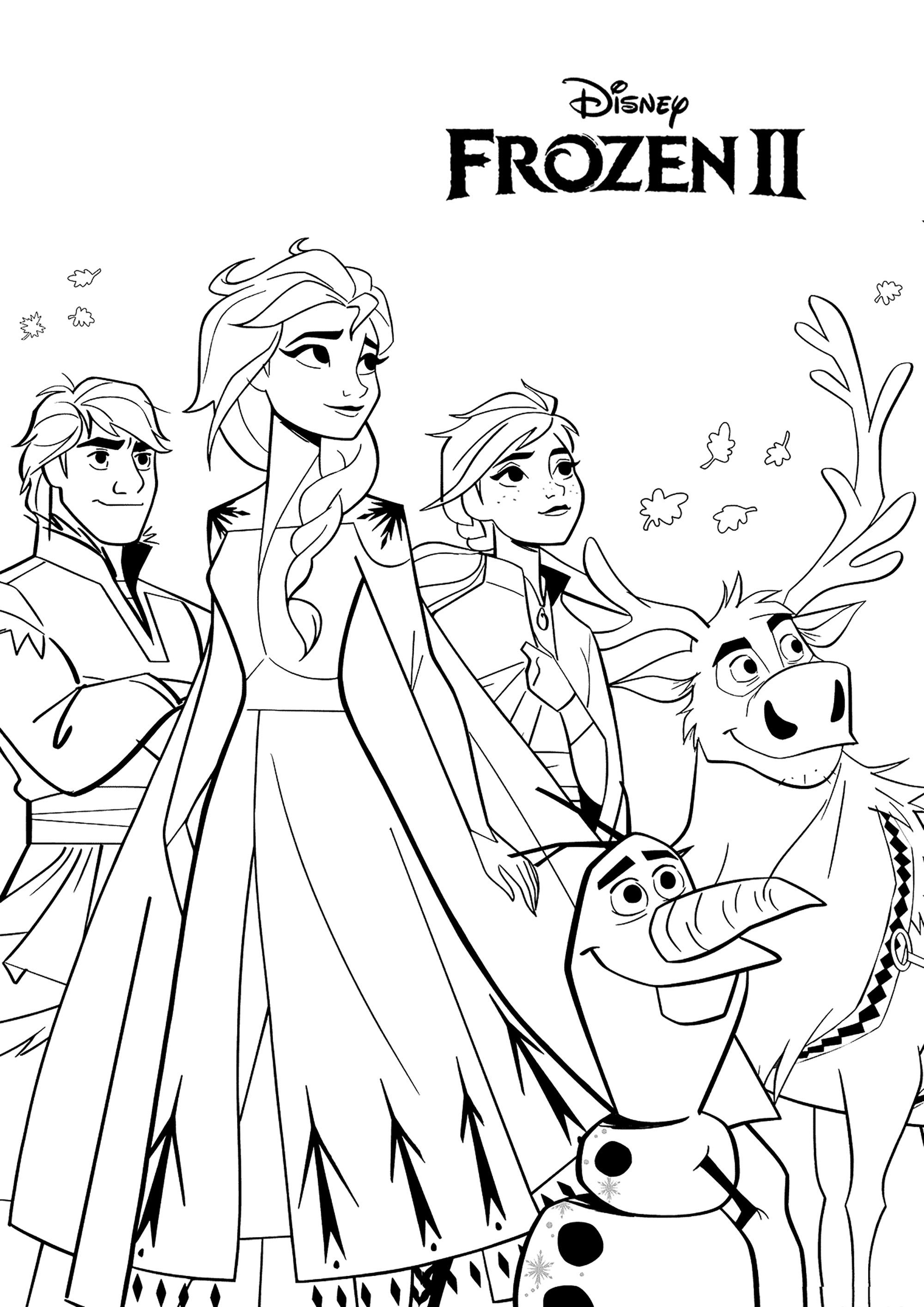 Olaf, Anna, Elsa, Sven et Kristoff  Coloriage La Reine des Neiges 2