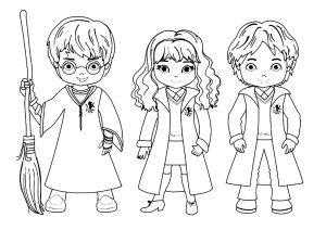 Harry, Ron et Hermione, dessinés avec le style Kawaii