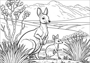 Deux Kangourous à colorier