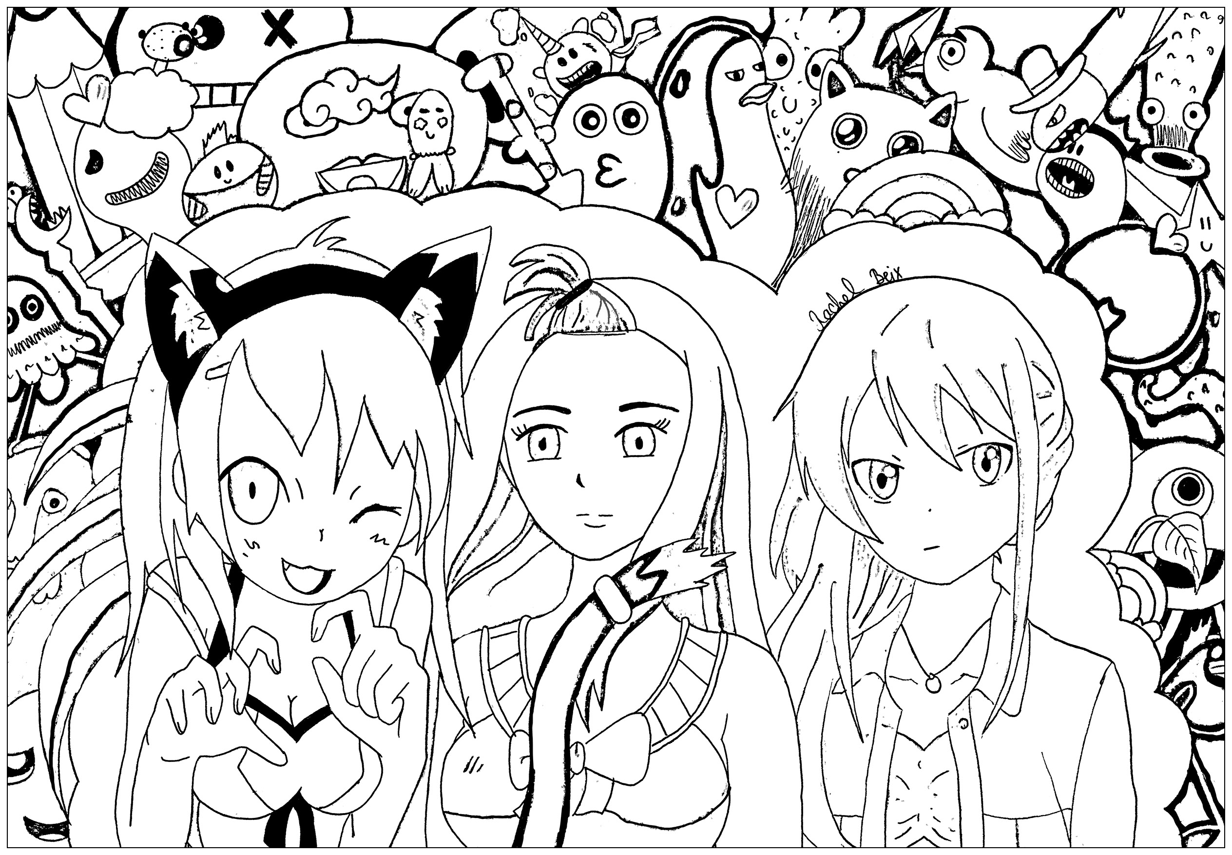 3 personnages manga féminins, et jolis Kawaii en arrière plan