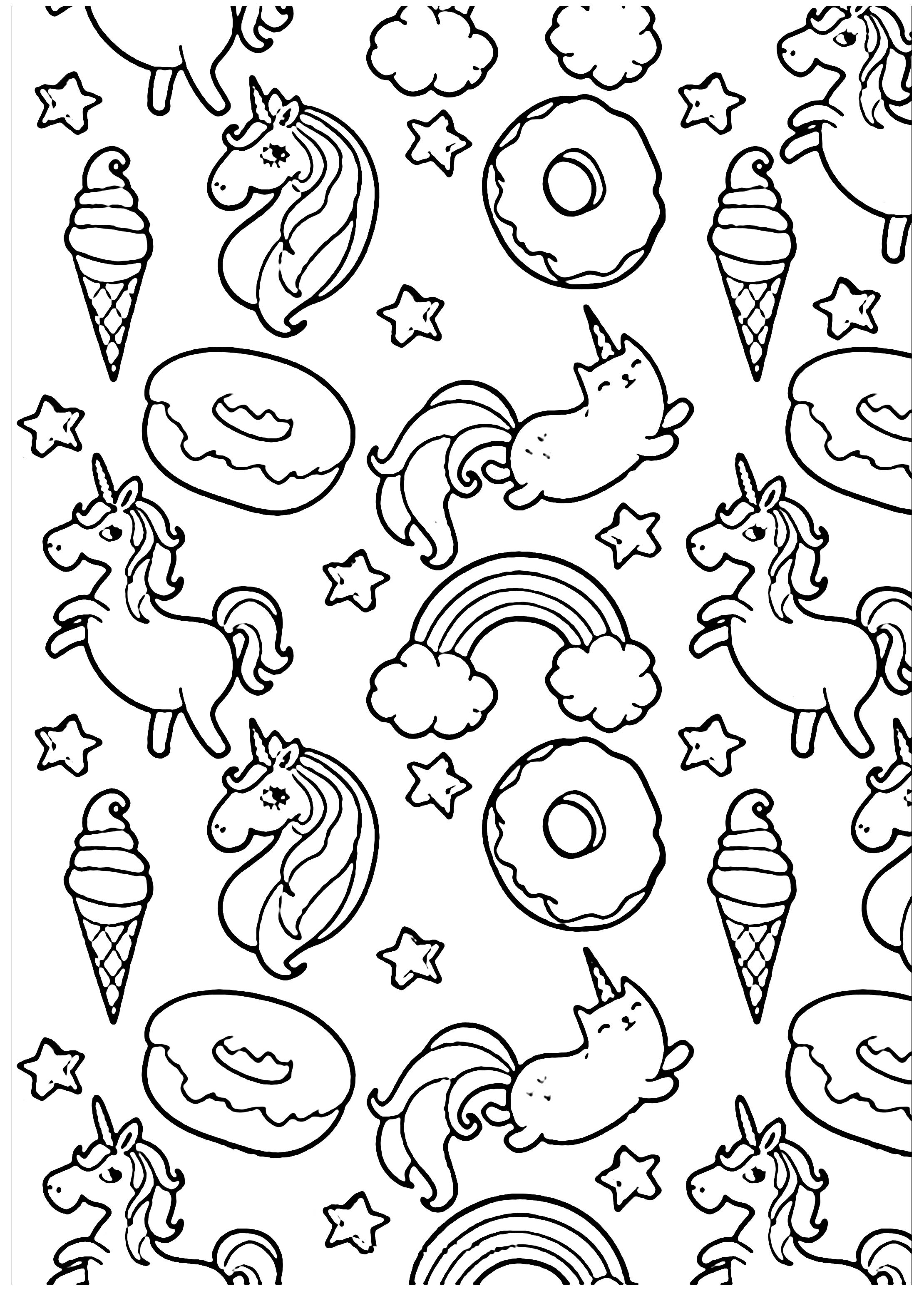 Pusheen donuts et licornes - Coloriage Kawaii - Coloriages pour enfants