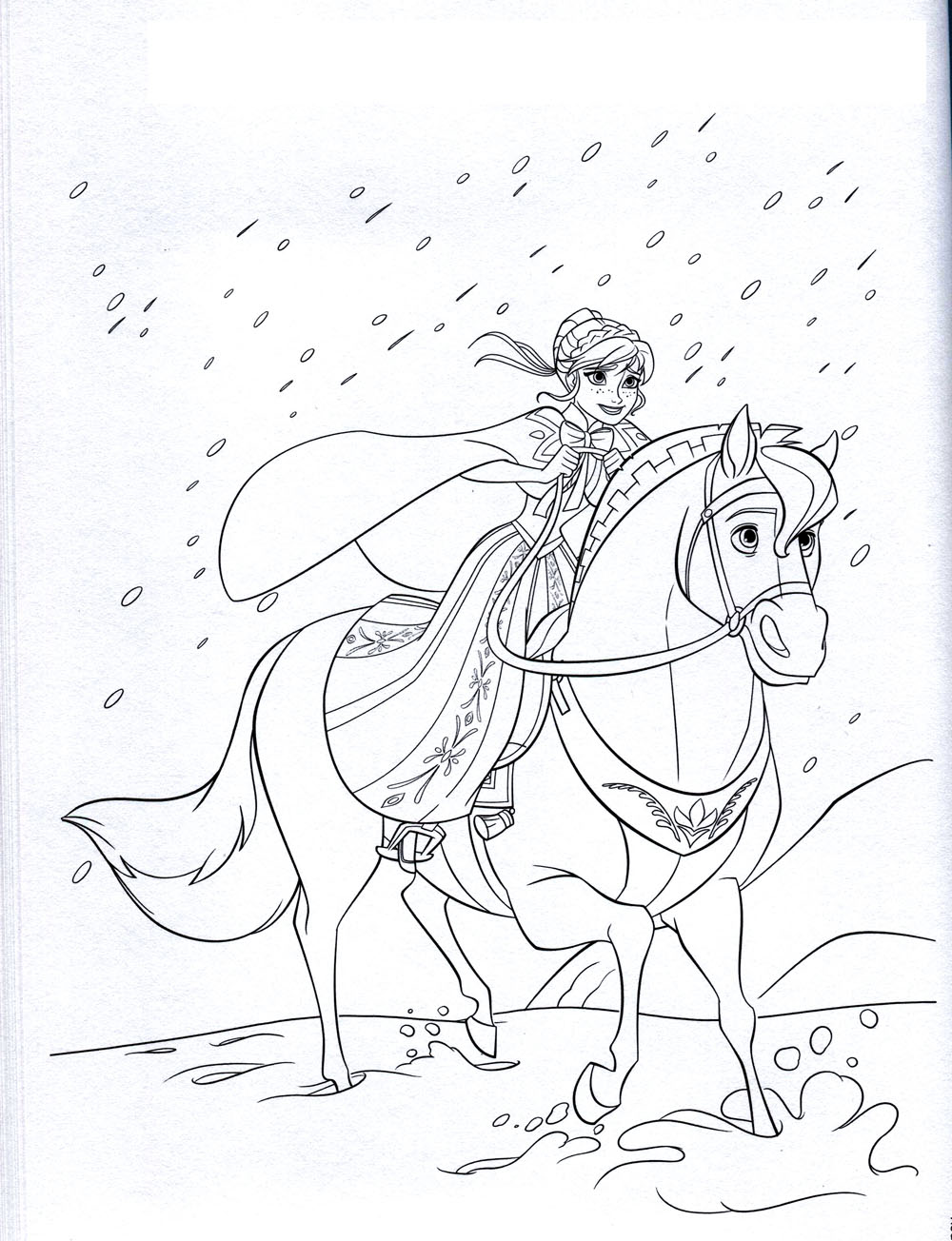 Coloriage d'Anna sur son cheval, au galop pour retrouver sa sœur dans son château glacé