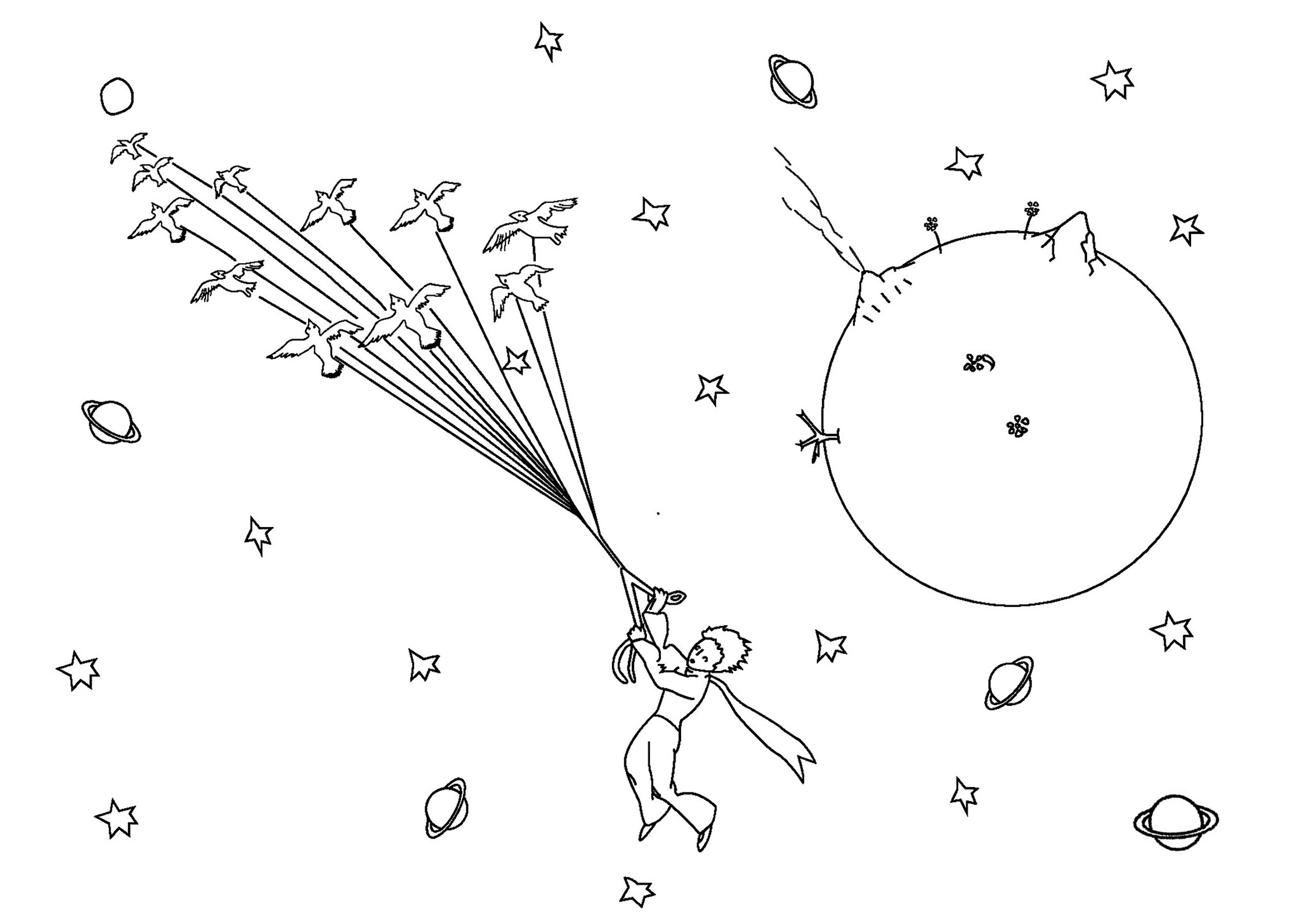 Le Petit Prince s'envole et navigue dans l'espace à côté d'une planète et au milieu d'étoiles et d'autres planètes lointaines