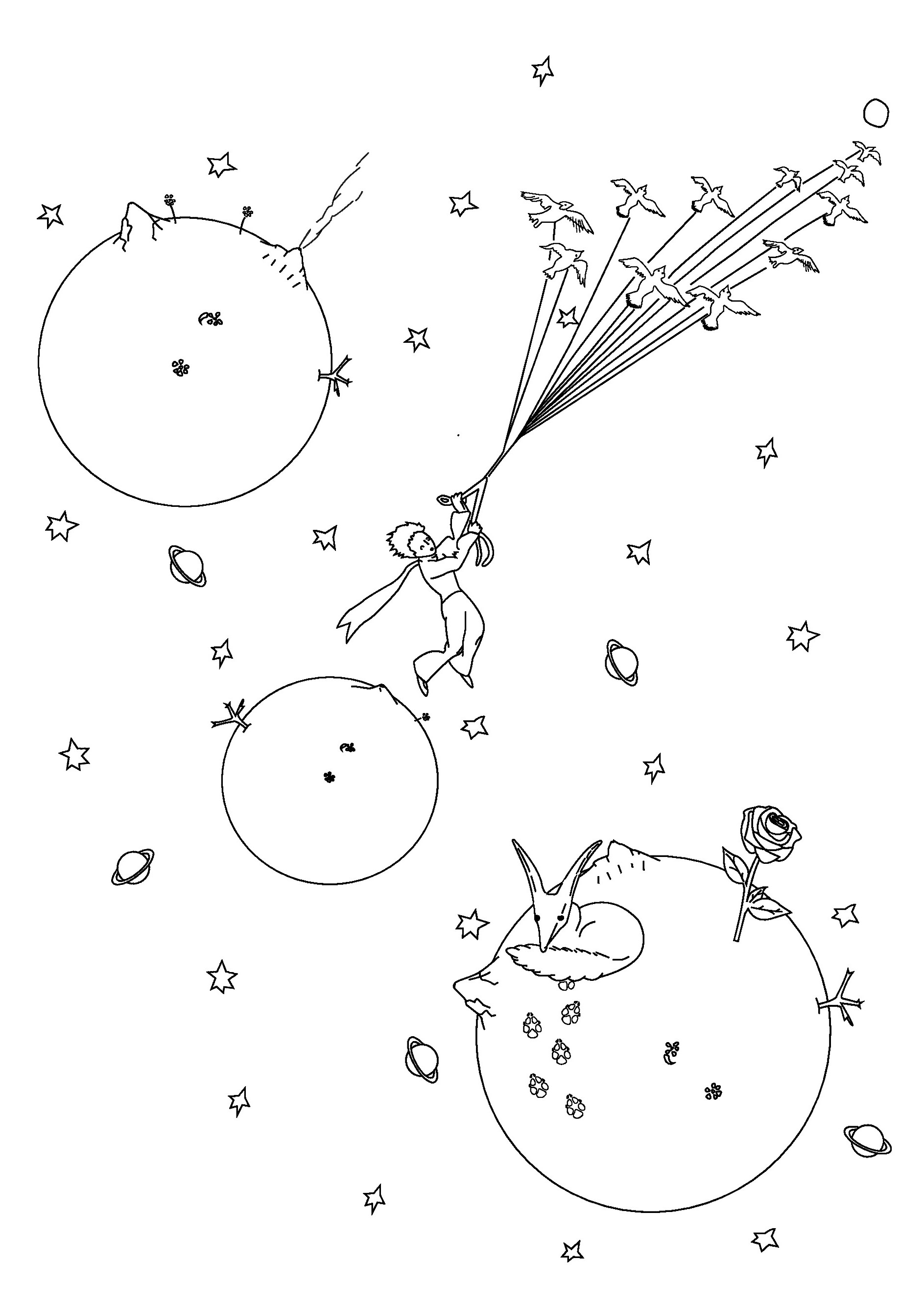 Coloriez le Petit Prince en plein vol dans l'espace, grâce à ses étoiles filantes magiques