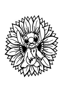 Stitch au milieu d'une fleur de tournesol