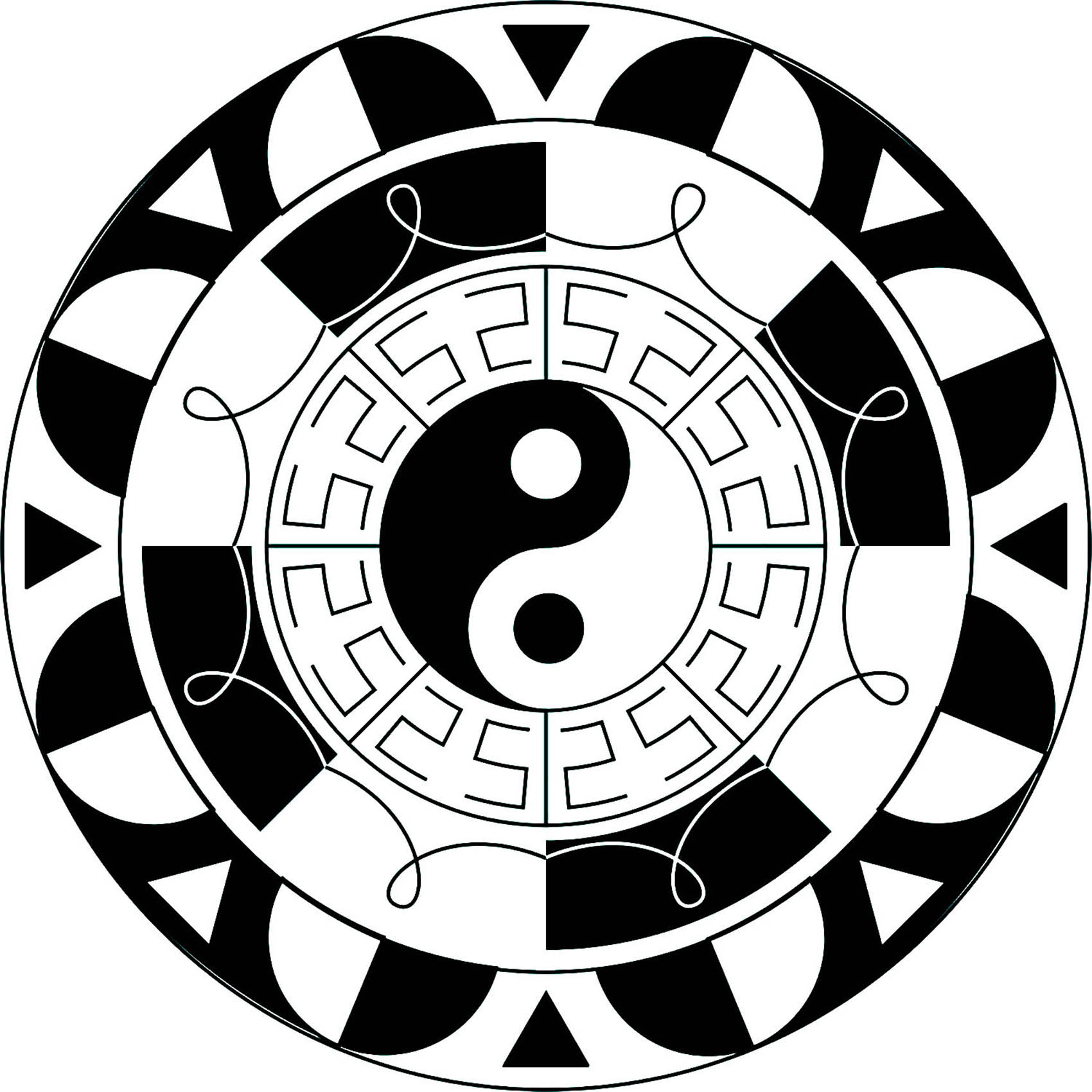 Le fameux symbole Yin & Yang intégré à un joli Mandala noir & blanc