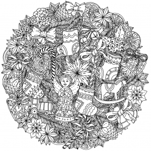 49525227 - christmas wreath with decorative items, black and white . the best for your design, textiles, posters, coloring book