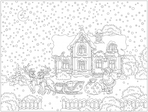 Coloriage avec nombreux détails : Père Noël et son traineau