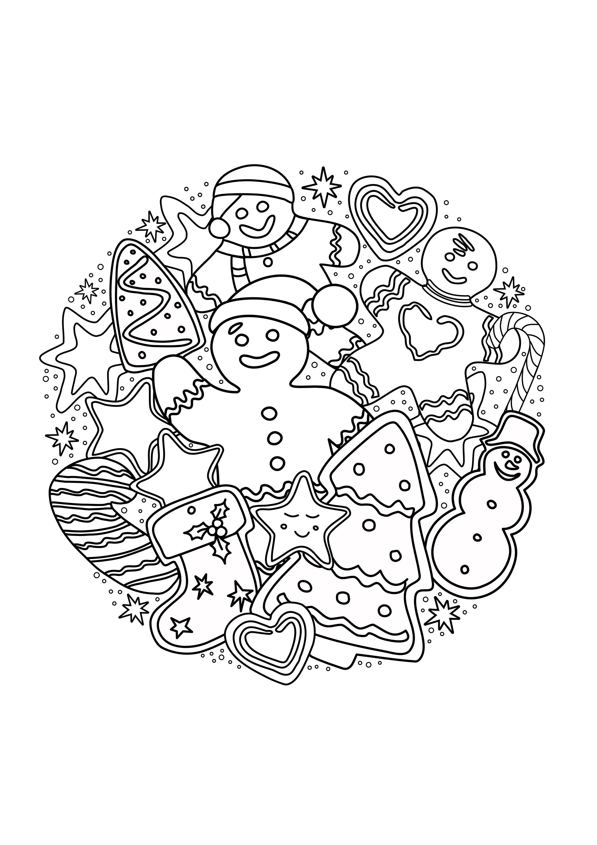 Bonhomme de Noël en pain d'épice et autres sujets de Noël formant un joli mandala à colorier