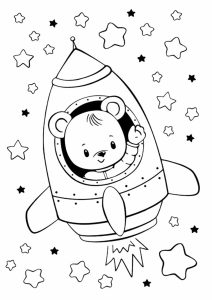 Petit ours dans une fusée, prêt à explorer l'espace