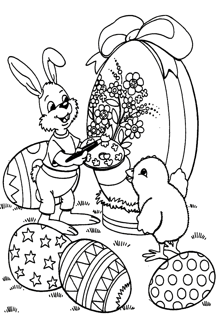 Coloriage simple d'un lapin et d'un poussin s'affairant à peindre des oeufs
