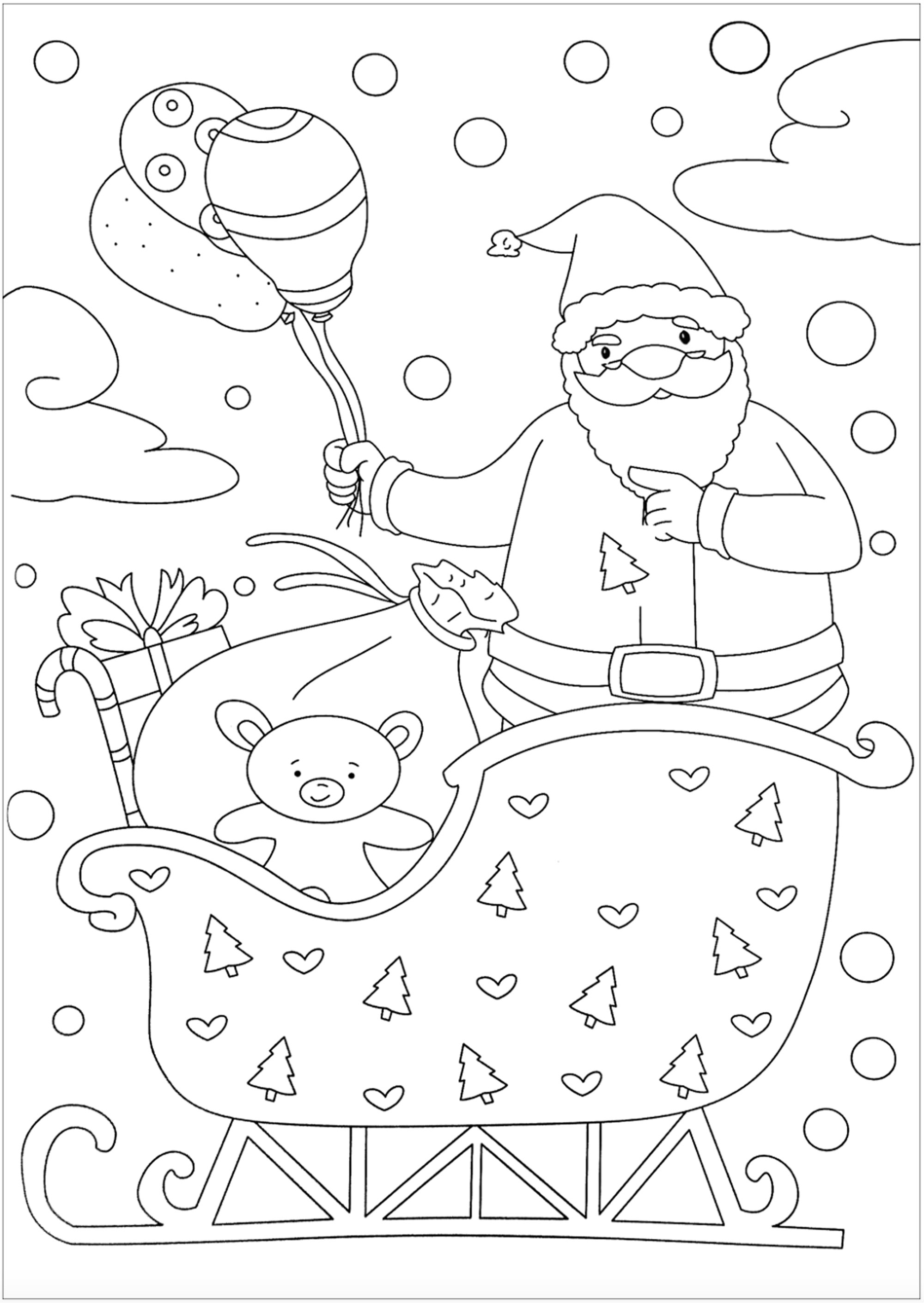 Un beau Père Noël à colorier, avec des jolis ballons. Il est dans son traineau avec de cadeaux et un doudou