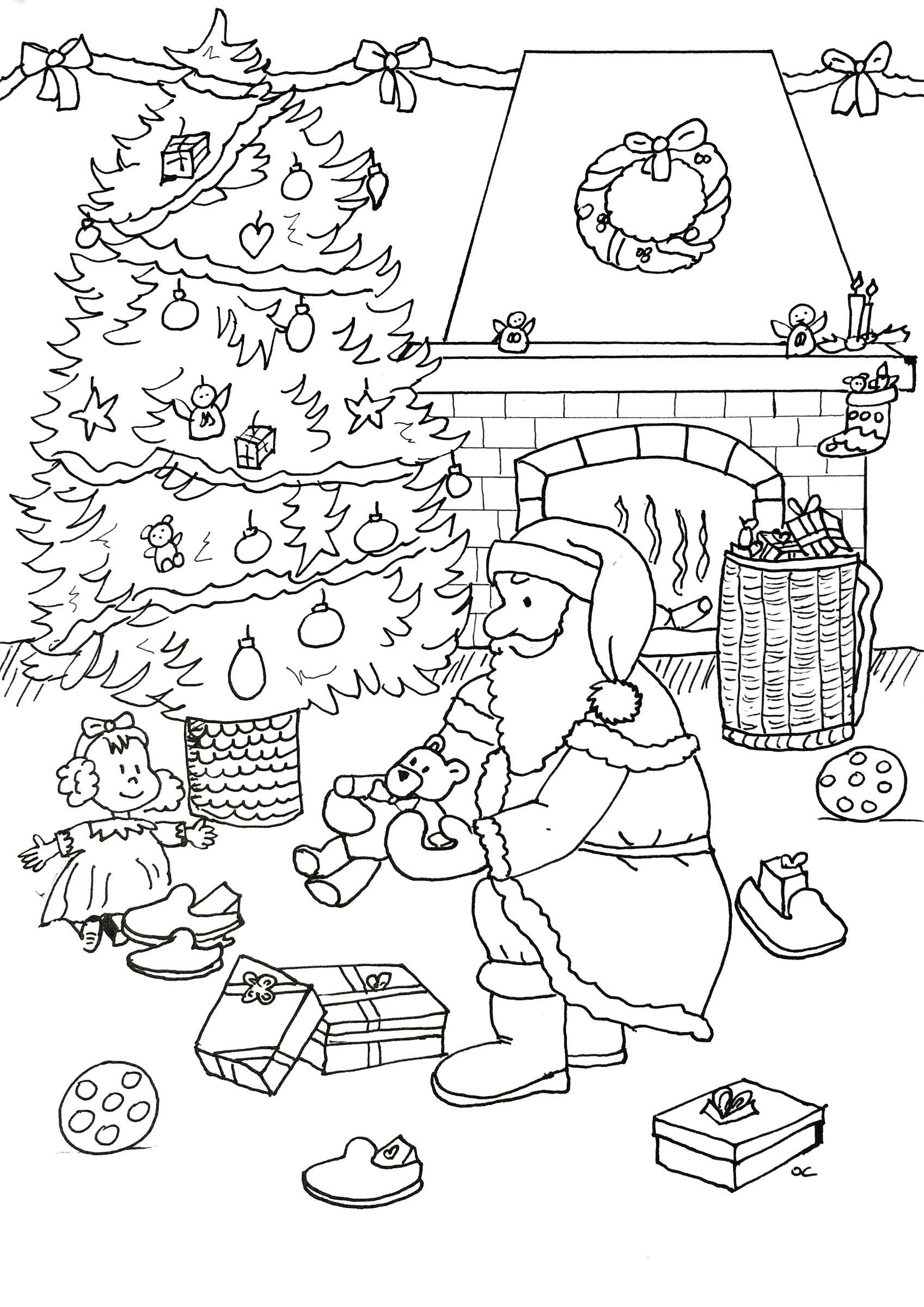 Le Père Noël préparant les cadeaux au pied du sapin, par Olivier