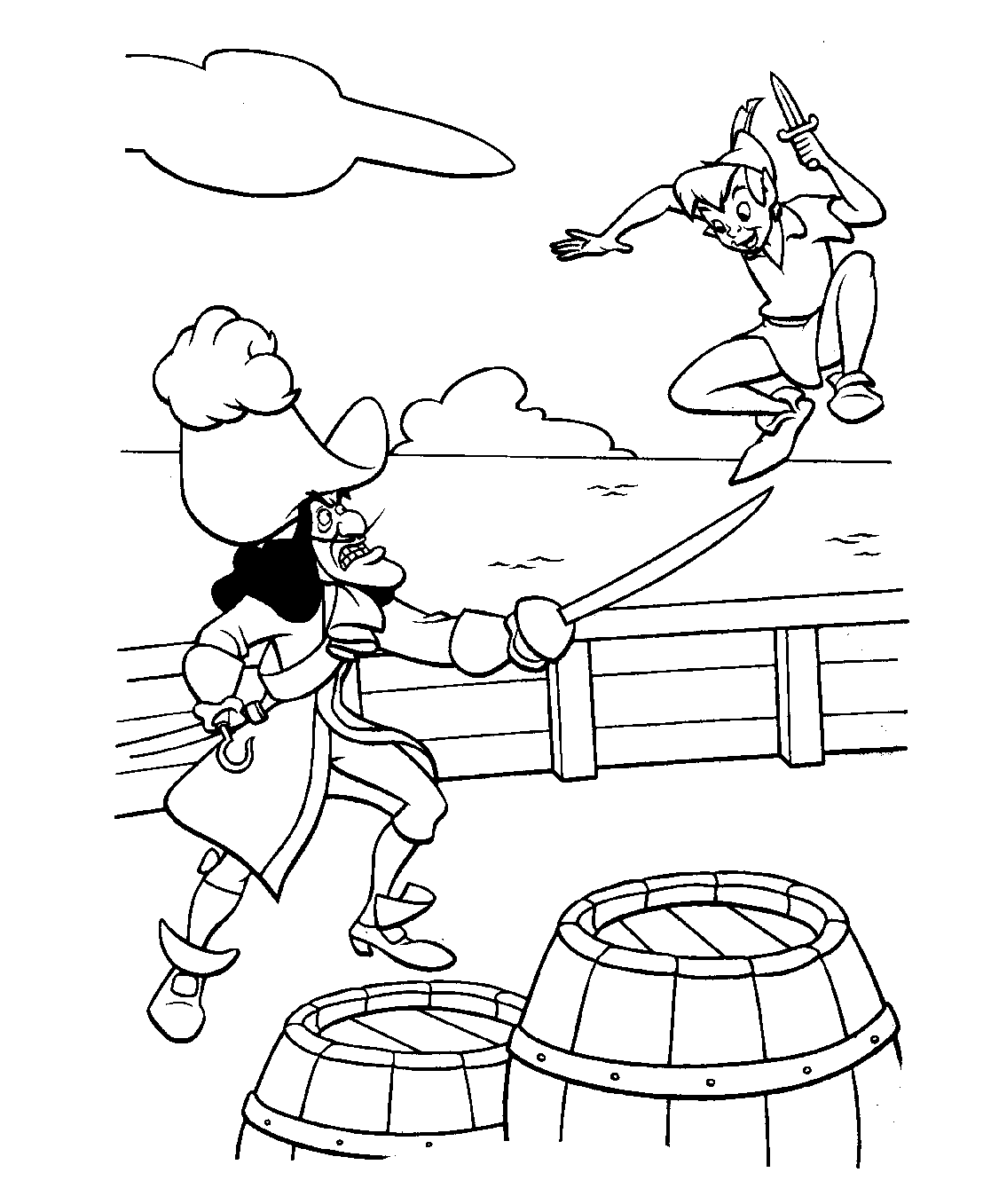 Coloriage du capitaine crochet se battant avec Peter Pan !