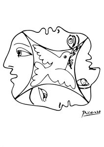 Dessin de Pablo Picasso avec une colombe et des visages