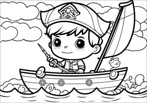 Jeune pirate au style Kawaii sur son bateau