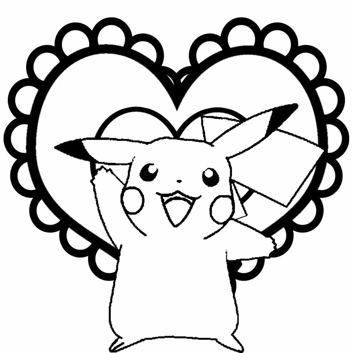 Joli coloriage simple de Pikachu devant un joli coeur