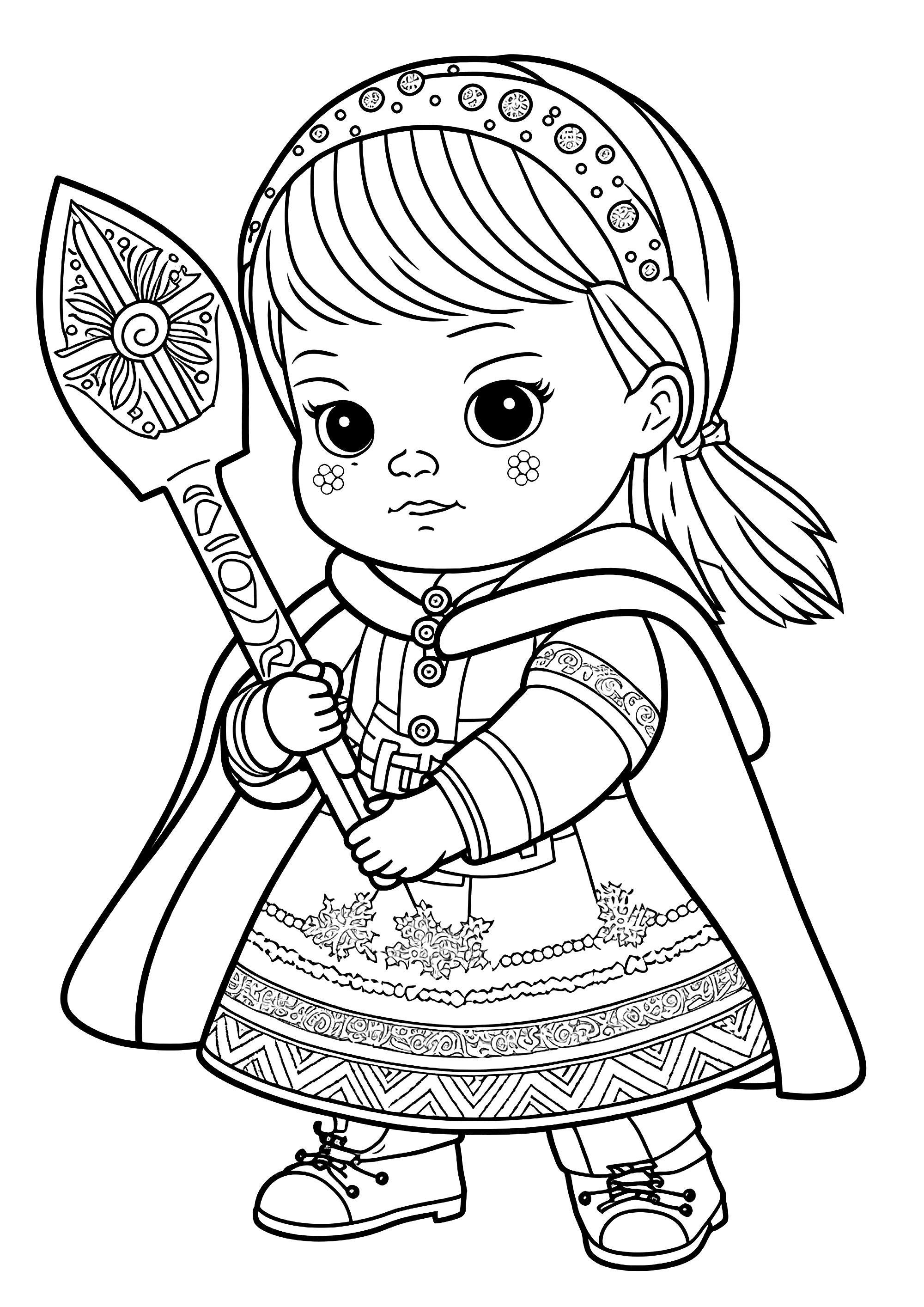 Une petite princesse Viking, qui a l'air très courageuse avec son sceptre joliment décoré. Ce coloriage est parfait pour les enfants qui aiment les aventures et les histoires de princesses. La petite princesse Viking est très courageuse et porte fièrement son sceptre joliment décoré.