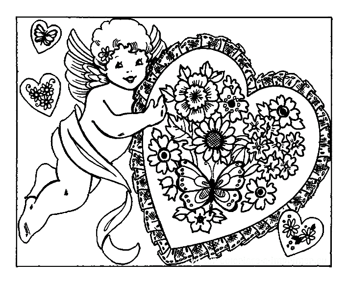 Coloriage d'un coeur avec Cupidon