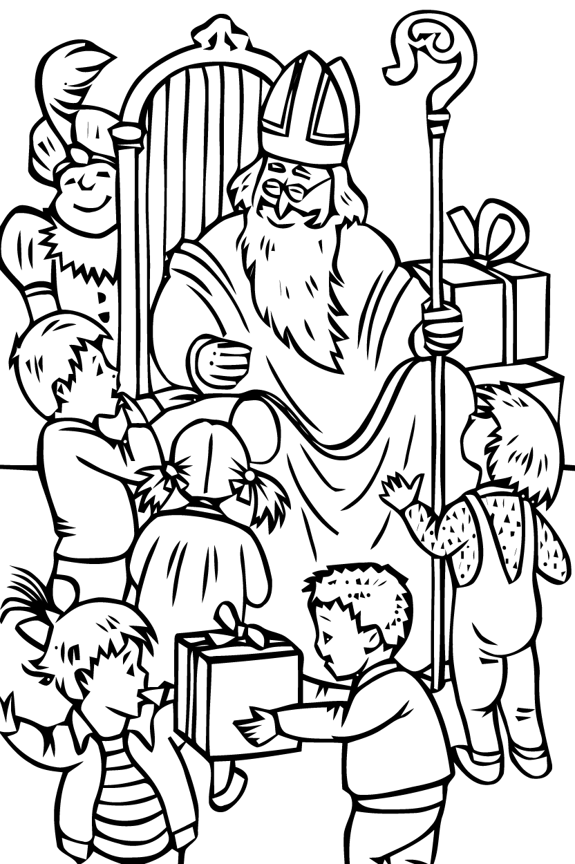 Coloriage d'enfants entourant Saint Nicolas