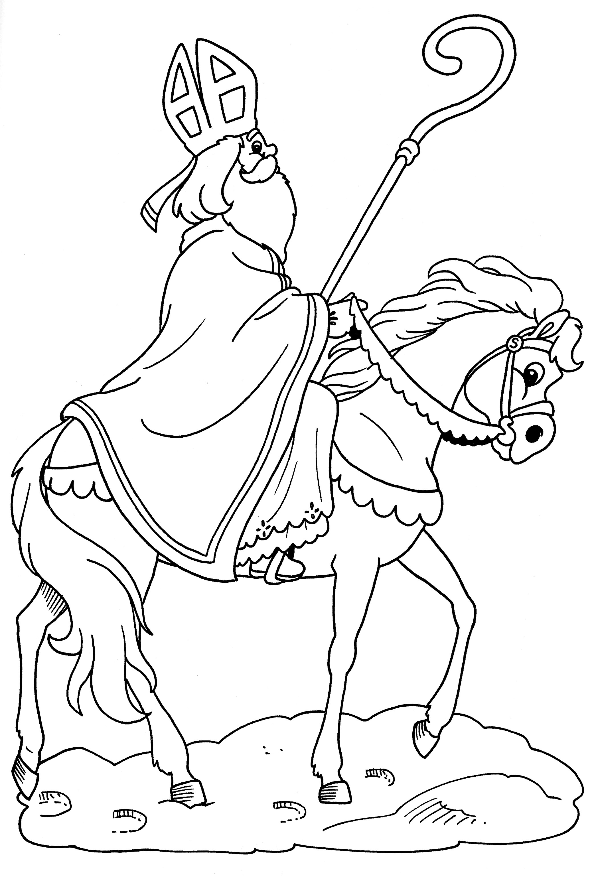 Saint Nicolas à cheval avec son bâton de pelerin