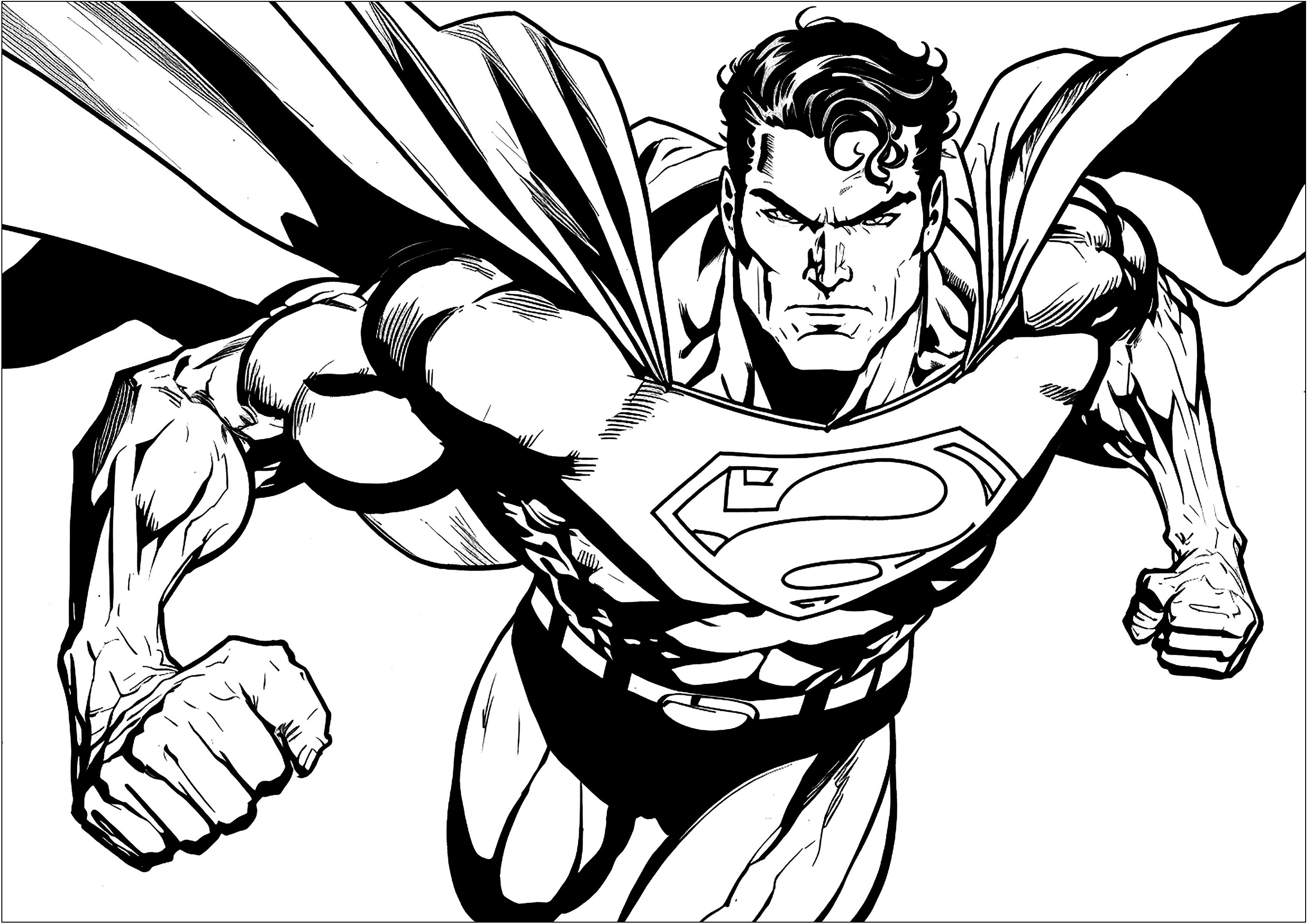 Superman volant dans le ciel, avec sa cape qui flotte derrière lui. Les enfants vont adorer colorier ce super héros et leurs crayons et feutres leur permettront de donner vie à ce dessin.