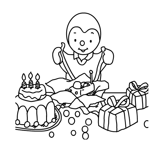 C'est l'anniversaire de T'choupi ! Avant de manger le gâteau et souffler ses bougies, il déballe ses nombreux cadeaux