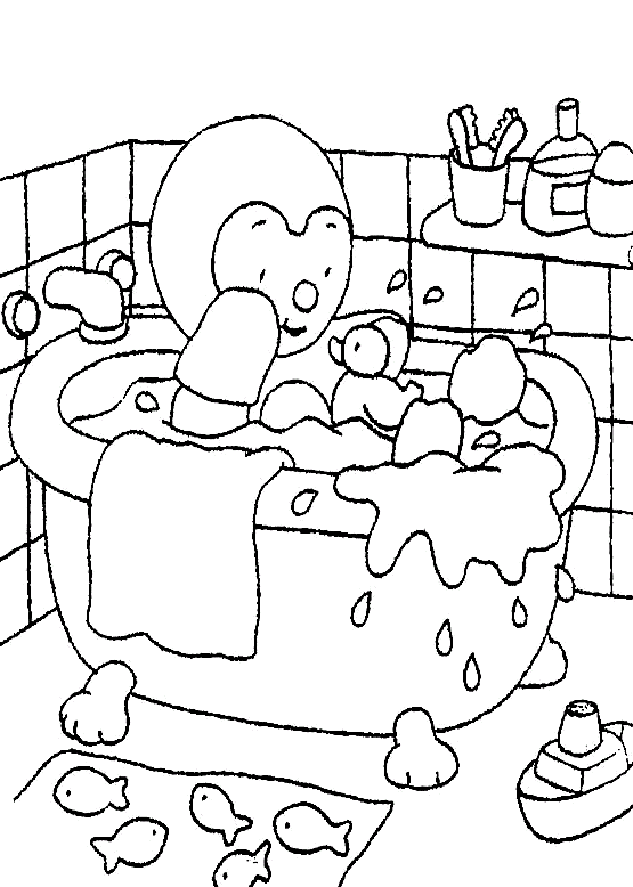Coloriage T'choupi dans son bain, avec son canard flottant