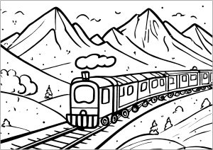 Train dans la montagne, dans un style de dessin très enfantin