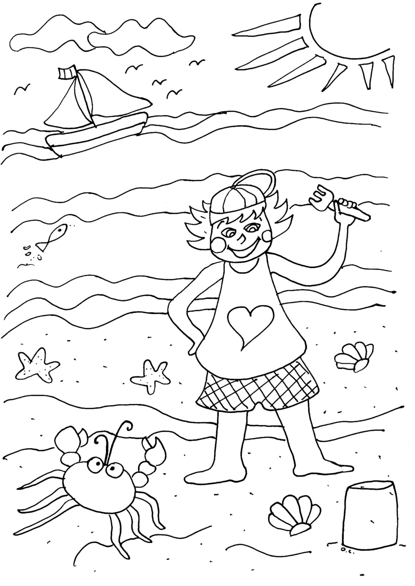 Coloriage d'une fille sur la plage, qui a fait un beau pâté