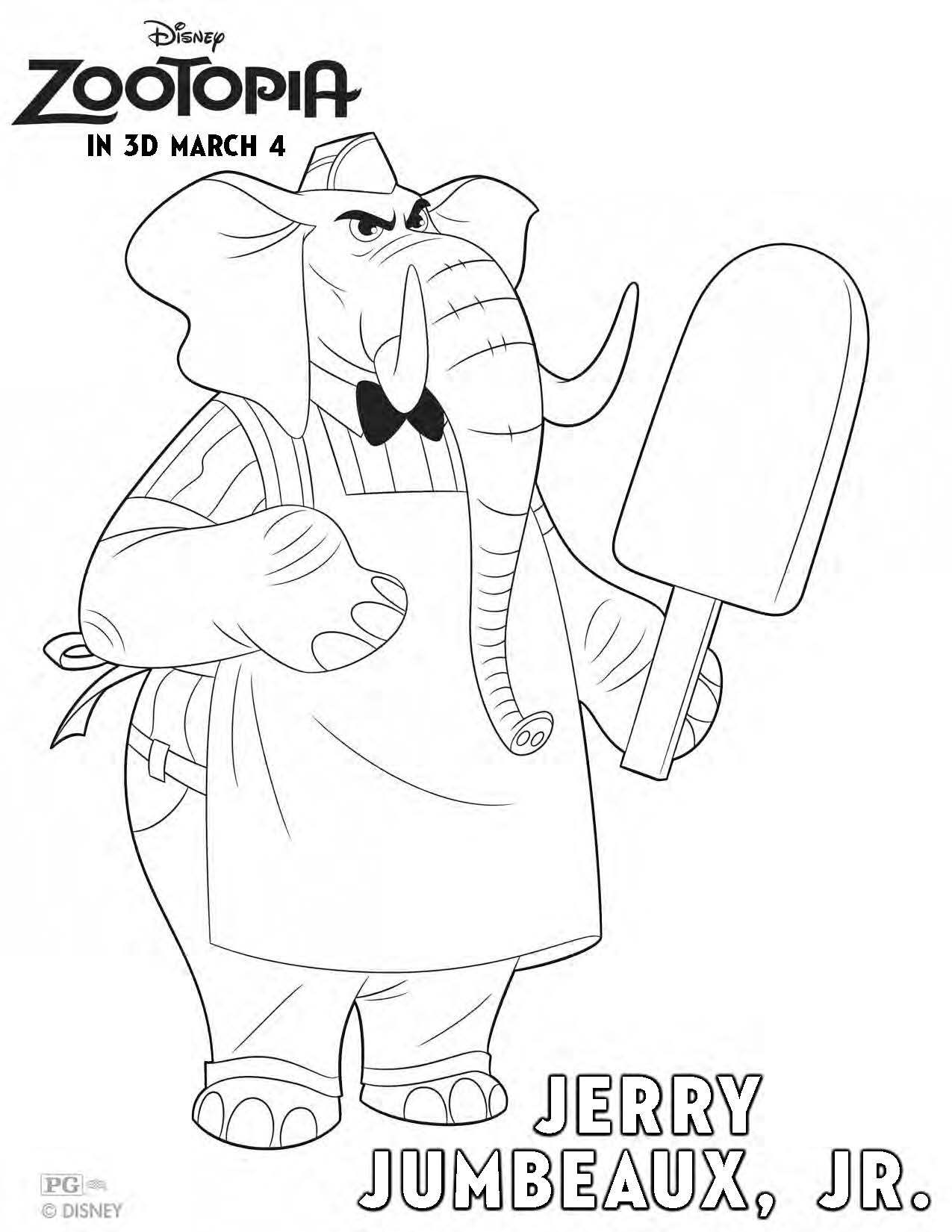 Coloriage Zootopie : L'Eléphant marchand de glaces Jerry Jumbeaux Jr